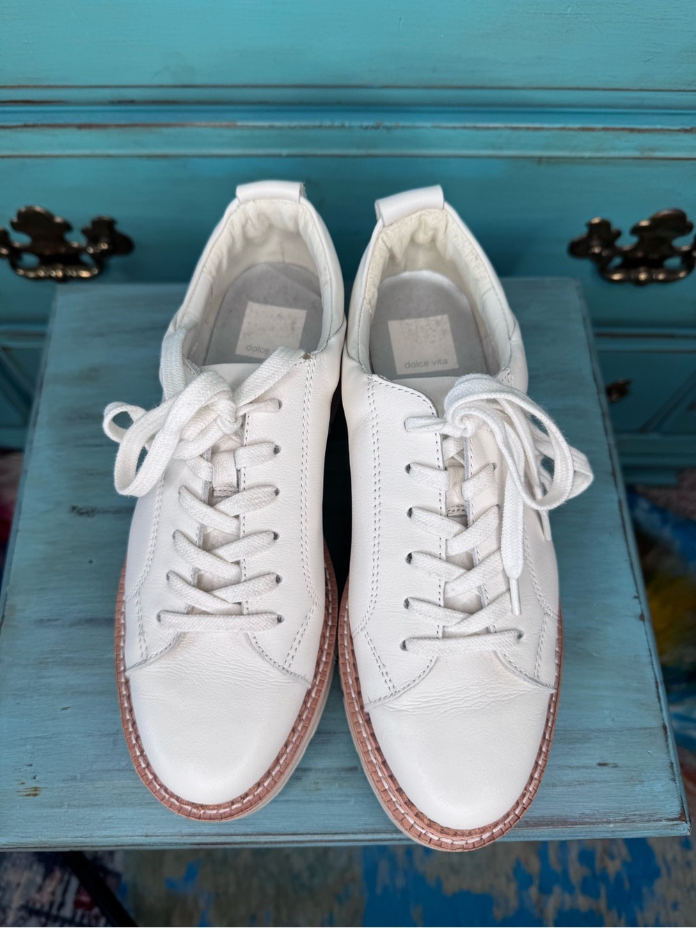 Dolce Vita White Leather Platform Sneakers with Rose Gold Trim - Picture 5 of 6